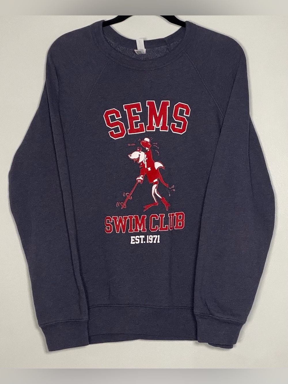 Bella Canvas Men's Navy Crewneck SEMS Swim Club Sweatshirt with Red Graphic